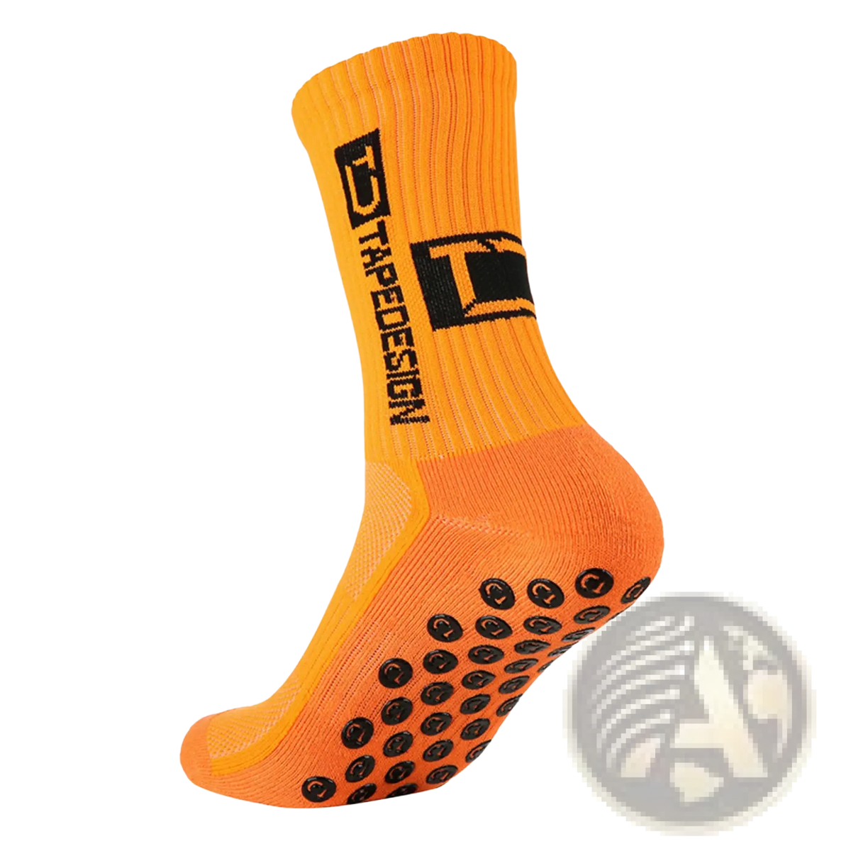 Bright orange non-slip grip soccer socks with black grip dots on the sole and a black tape design logo on the side