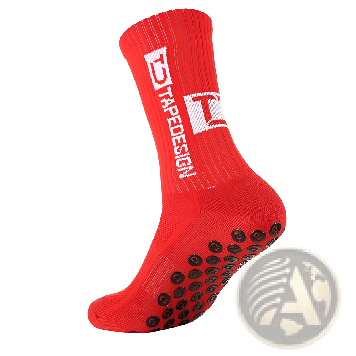 Red tape design non-slip grip soccer sock in red with black rubber dots on the sole and white logo branding