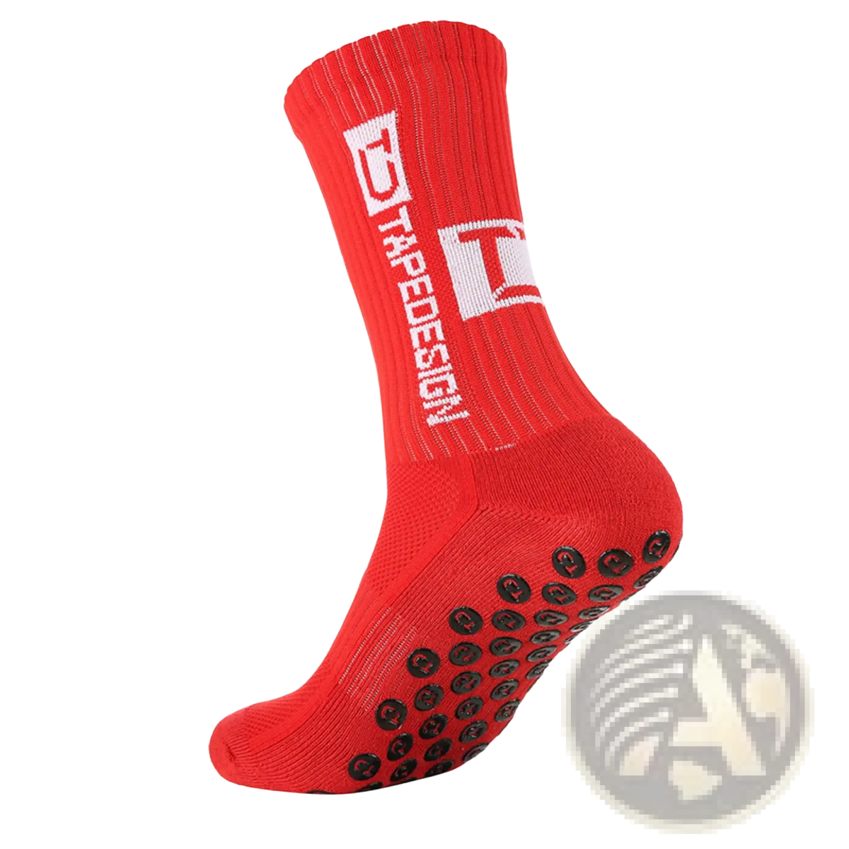 Red tape non-slip grip soccer socks with black rubber dot soles and white logo shown from the back side