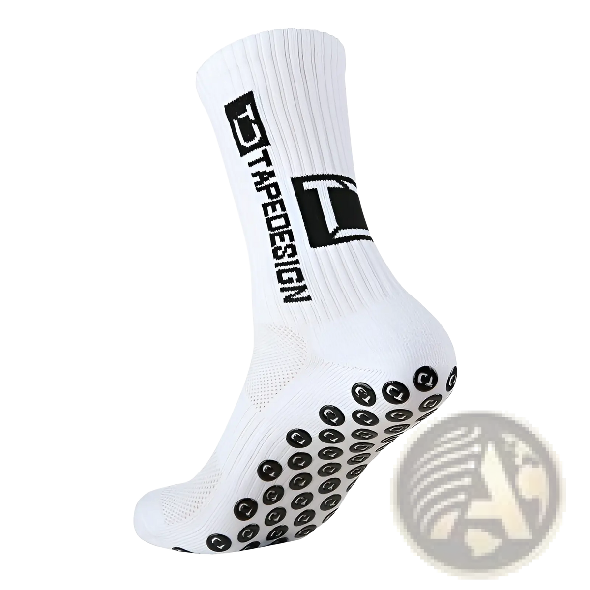 White athletic non-slip grip soccer sock with black sole dots and a bold trapedesign logo on the side