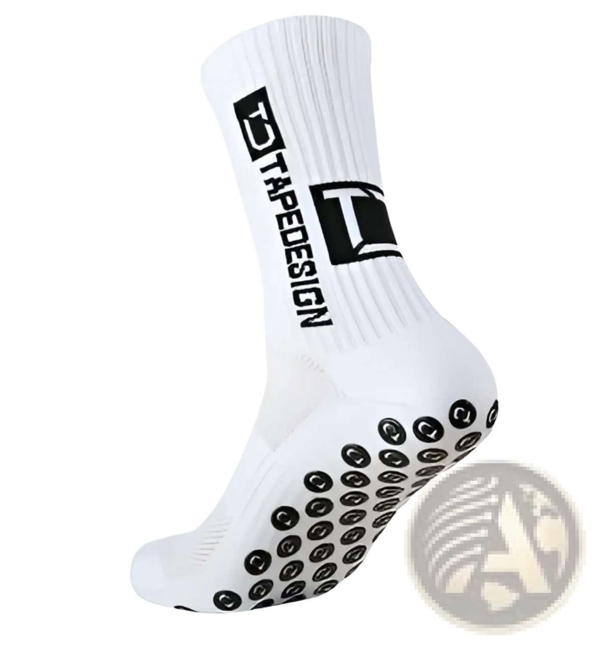 White non-slip grip soccer socks with black grip dots on the sole and a bold black t logo on the side