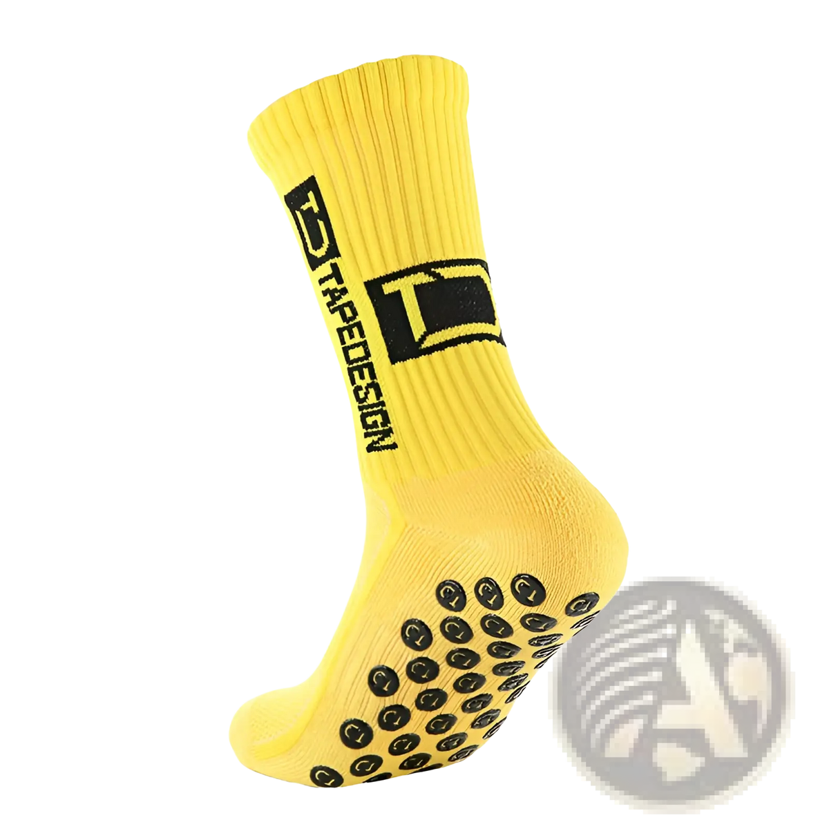 Bright yellow non-slip grip soccer socks with black textured sole dots and bold tapedsign logo on the back side