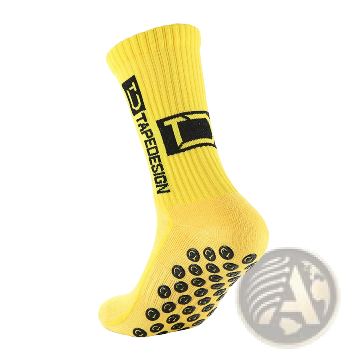 Bright yellow non-slip grip soccer socks with black rubber dots on sole and bold black logo near cuff