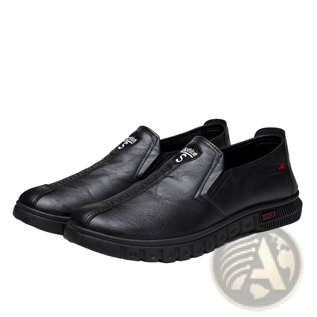 Black leather slip-on non-slip chef shoes with textured surface and subtle branding for waterproof work use