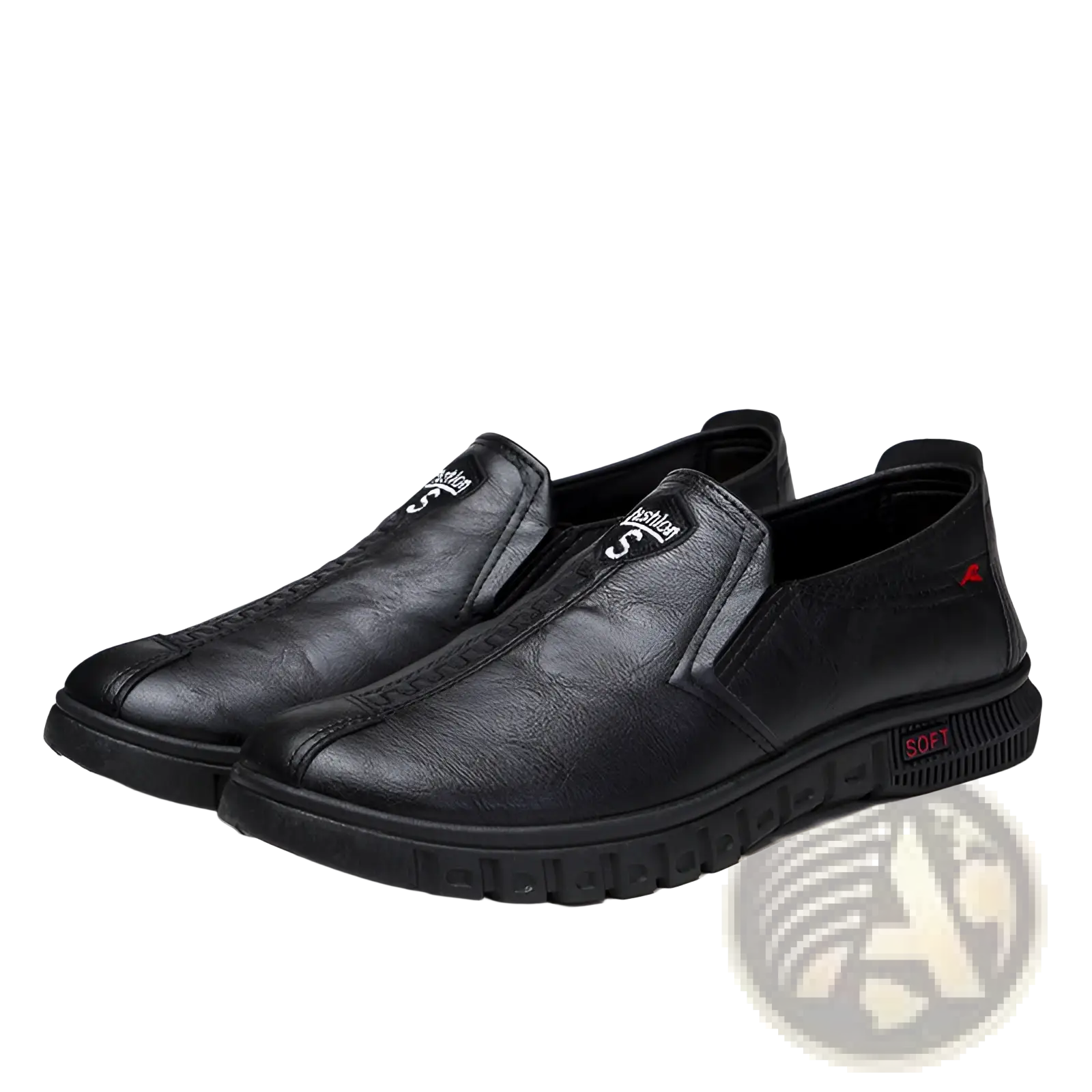 Black leather slip-on non-slip chef shoes with textured surface and subtle branding for waterproof work use