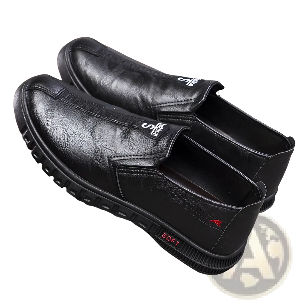 Black leather slip-on non-slip chef shoes with textured sole and subtle branding details for waterproof work use