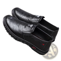 Black leather slip-on non-slip chef shoes with textured sole and subtle branding details for waterproof work use