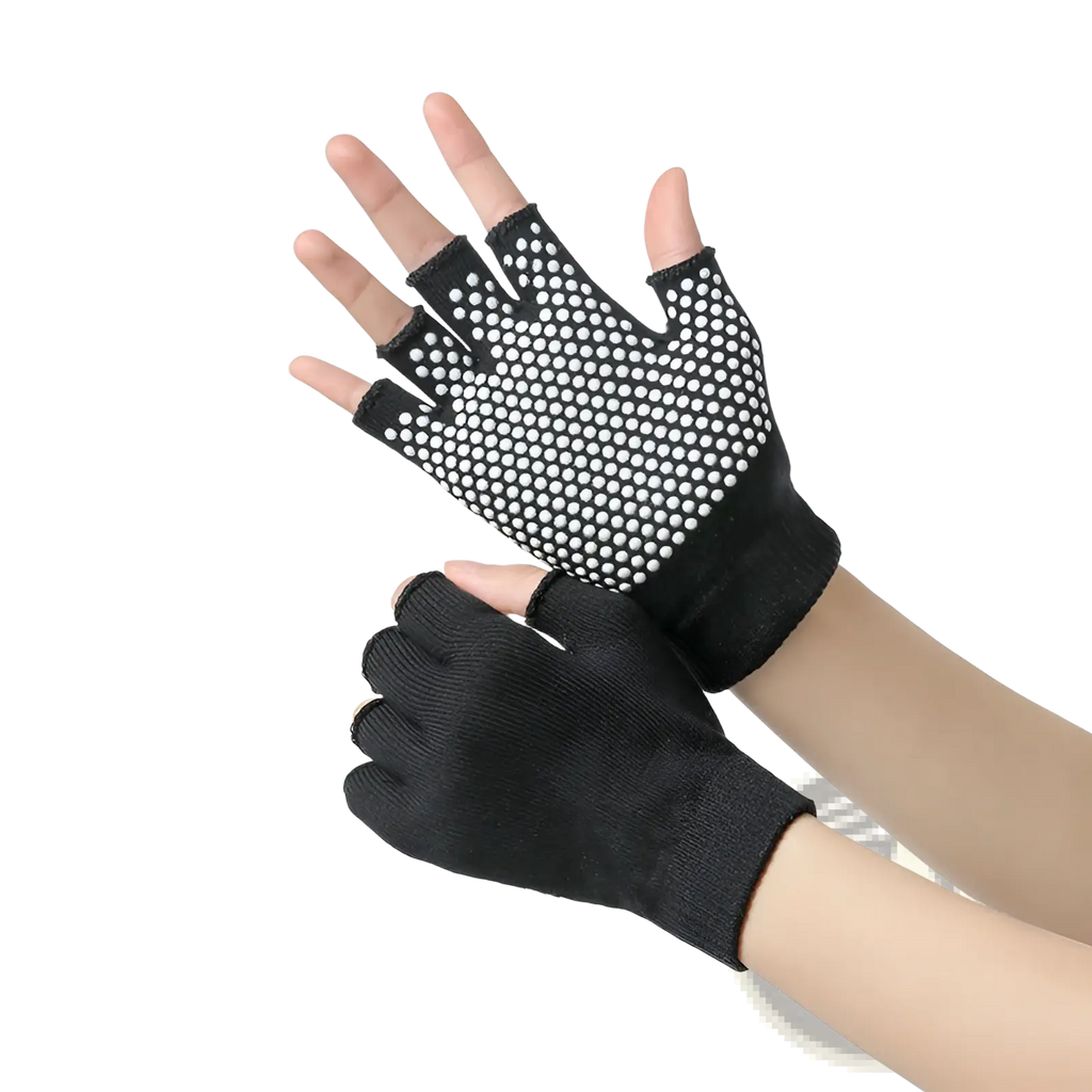 Black fingerless non-slip yoga gloves for women with white textured grip pattern on palm for fitness and weightlifting