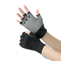 Black fingerless non-slip yoga gloves for women with white textured grip pattern on palm for fitness and weightlifting
