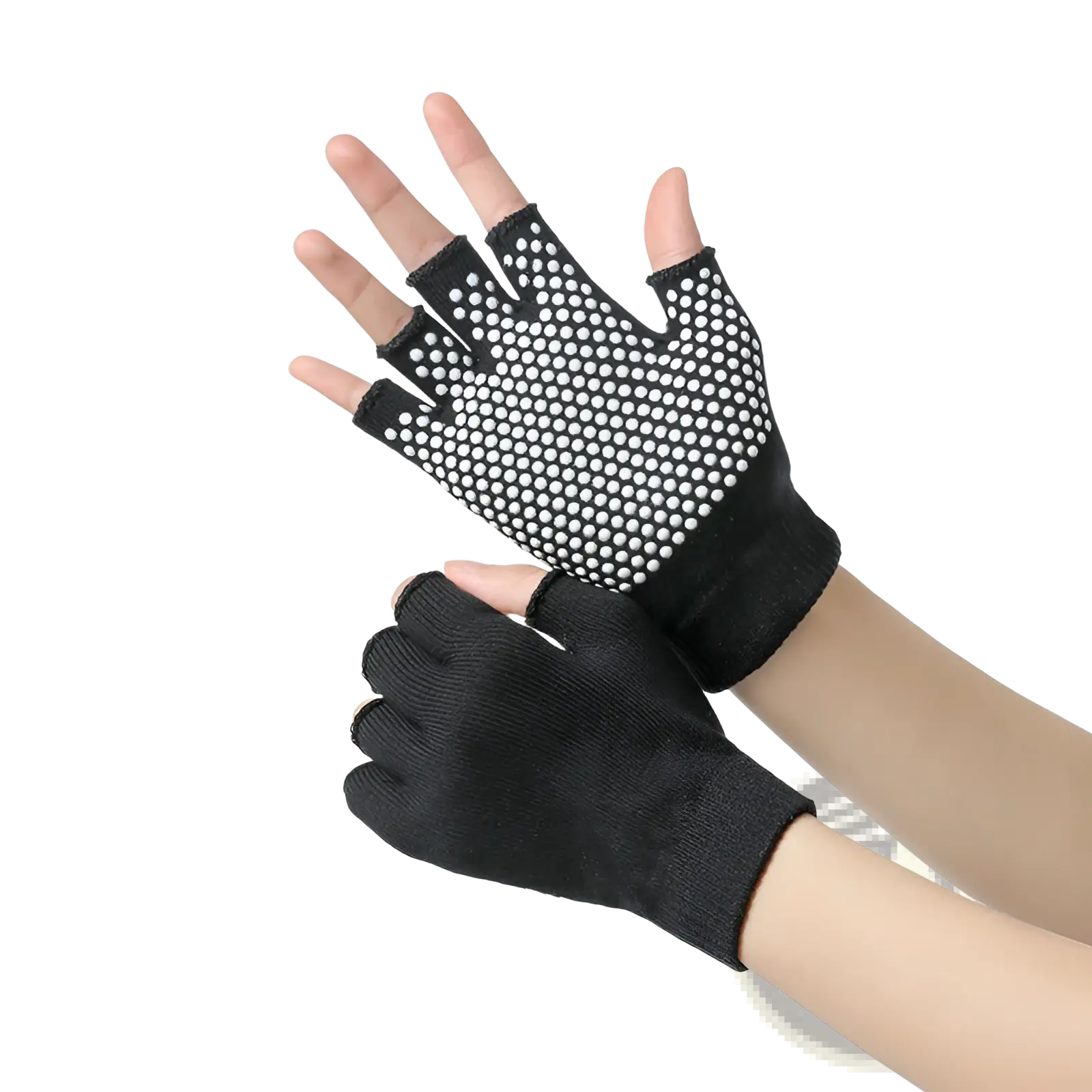Black fingerless non-slip yoga gloves for women with white textured grip pattern on palm for fitness and weightlifting