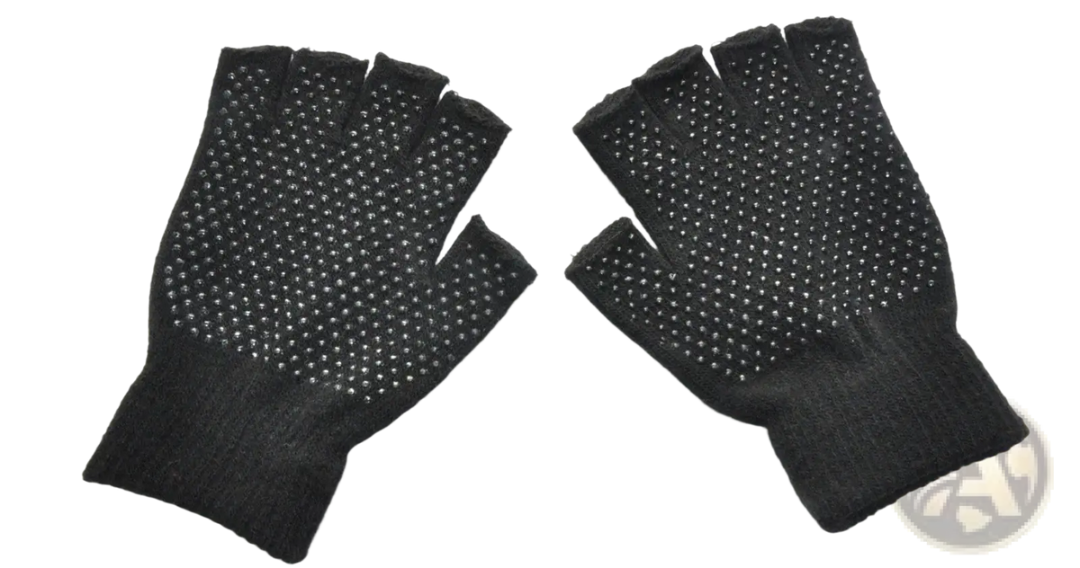 Black fingerless non-slip yoga gloves with textured dotted grip pattern on palms for women fitness and weightlifting