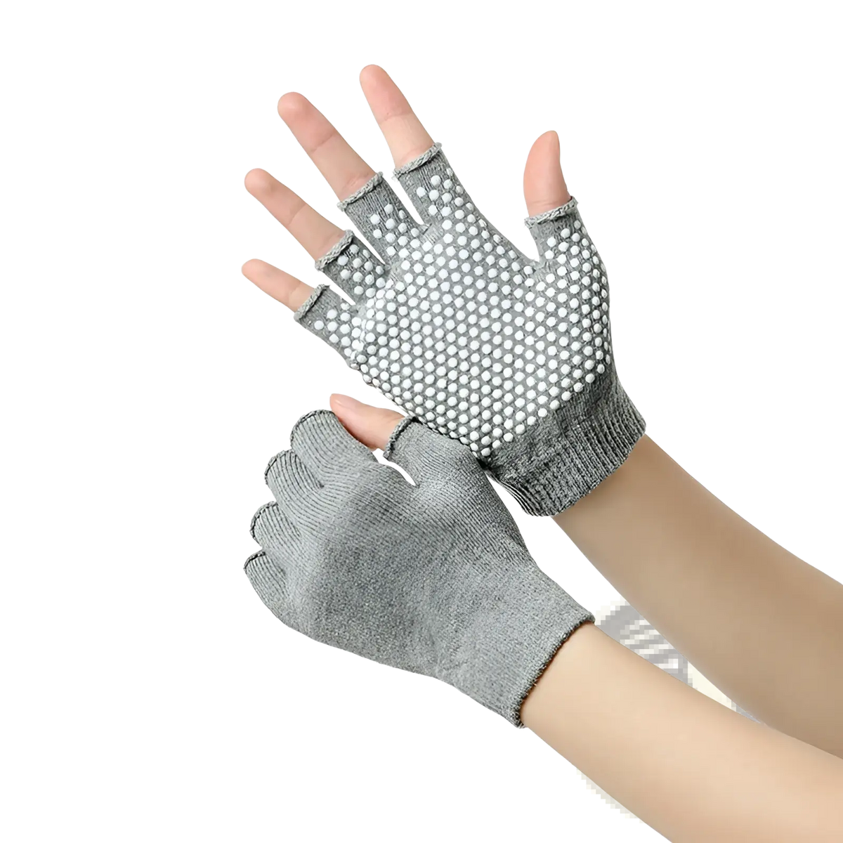 Gray fingerless non-slip yoga gloves with textured dotted grip surface on palms for women fitness and weightlifting