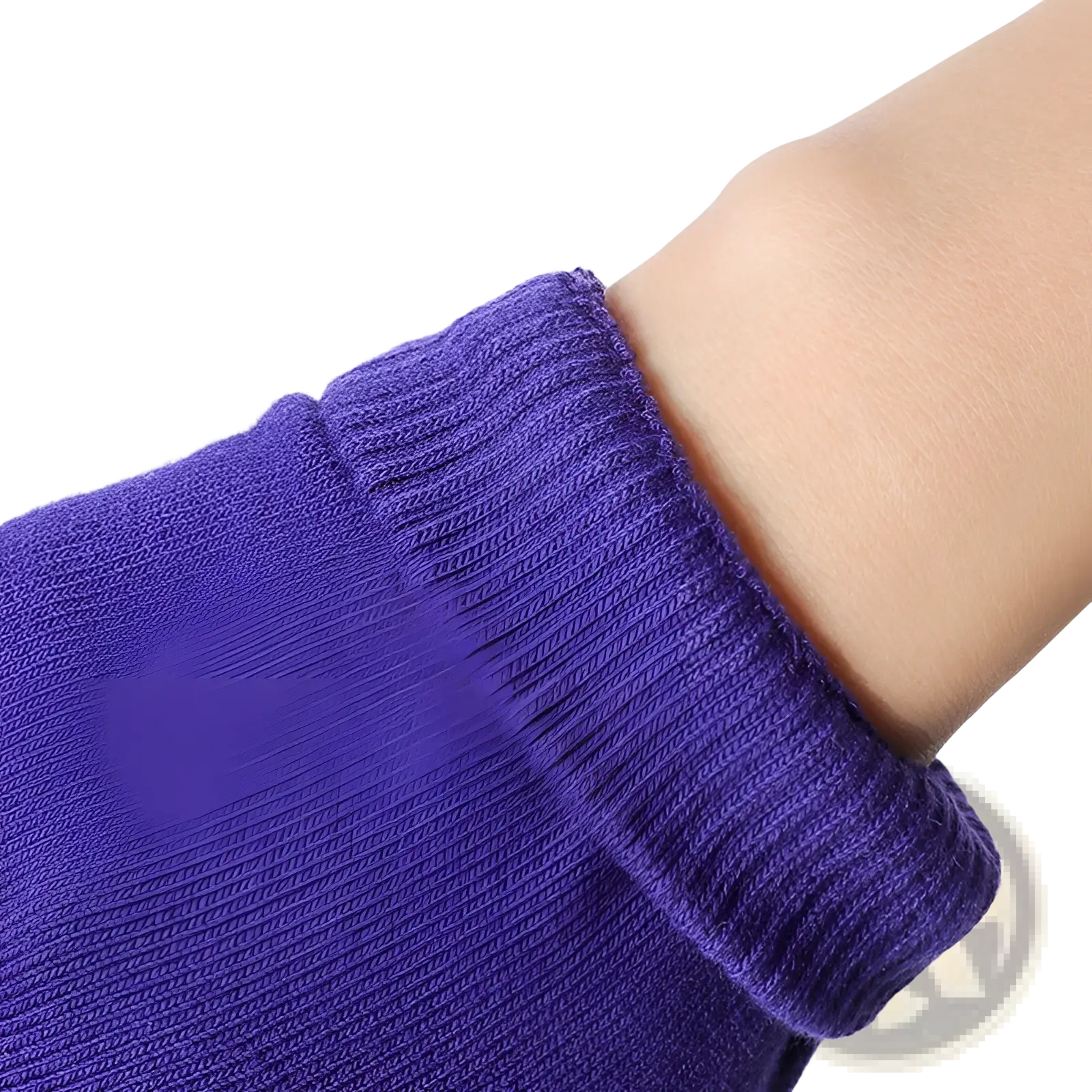 Purple non-slip yoga gloves for women with a ribbed knitted sleeve cuff designed for fitness and weightlifting
