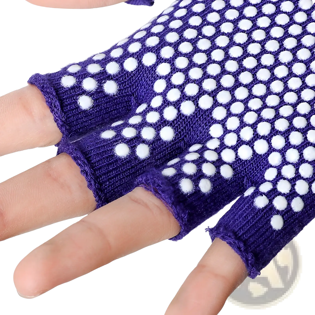 Purple knitted fingerless non-slip yoga gloves with white grip dots for women fitness and weightlifting use