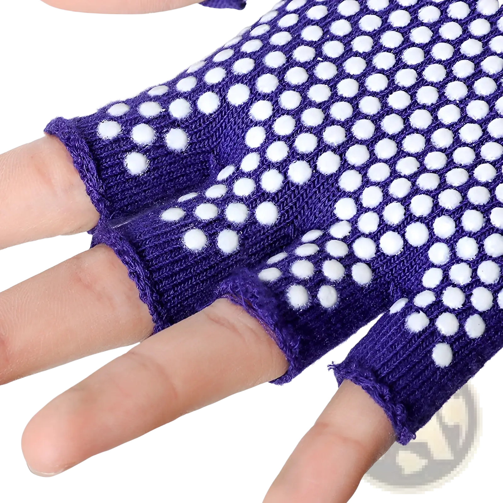 Purple knitted fingerless non-slip yoga gloves with white grip dots for women fitness and weightlifting use