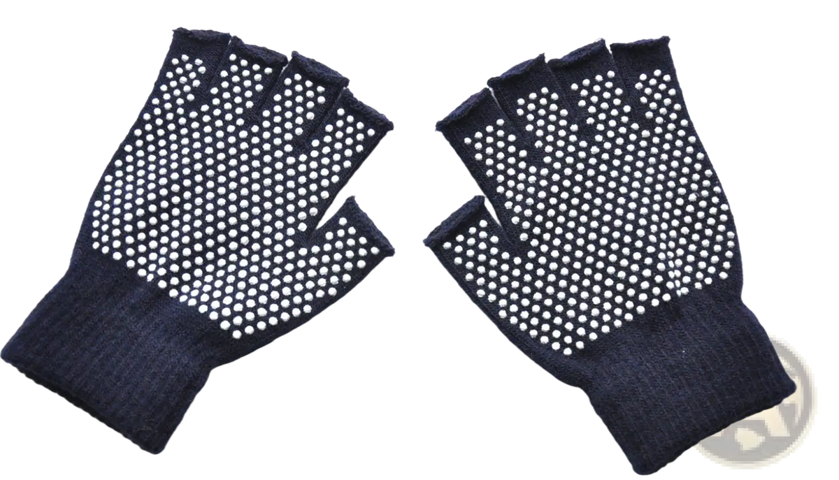 Dark blue fingerless non-slip yoga gloves with white grip dots on palms for women fitness and weightlifting