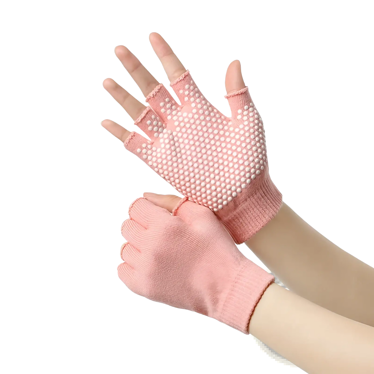Pink fingerless non-slip yoga gloves for women with textured dotted grip on palm for fitness and weightlifting use