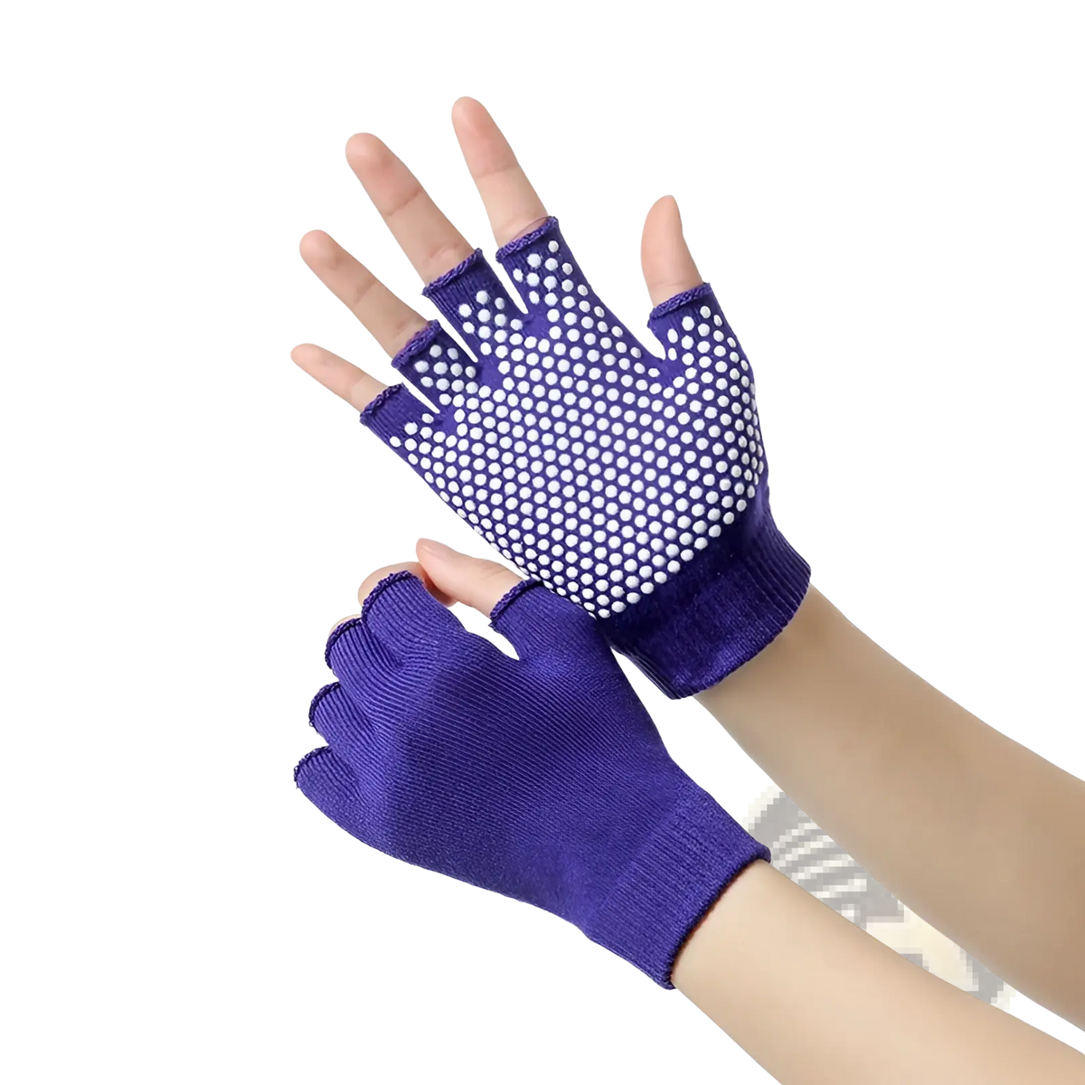 Purple fingerless non-slip yoga gloves for women with white grip dots on palms for fitness and weightlifting use