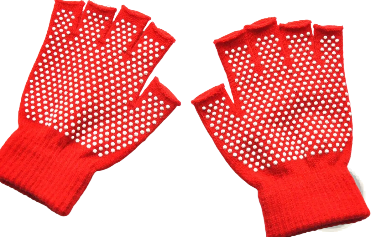 Red fingerless non-slip yoga gloves for women with white grip dots on palms for fitness and weightlifting use
