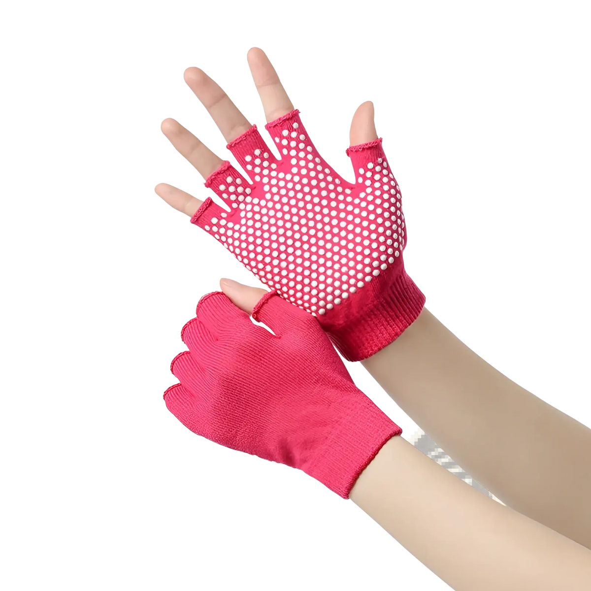 Bright pink non-slip fingerless yoga gloves for women with textured white dot grip for fitness and weightlifting
