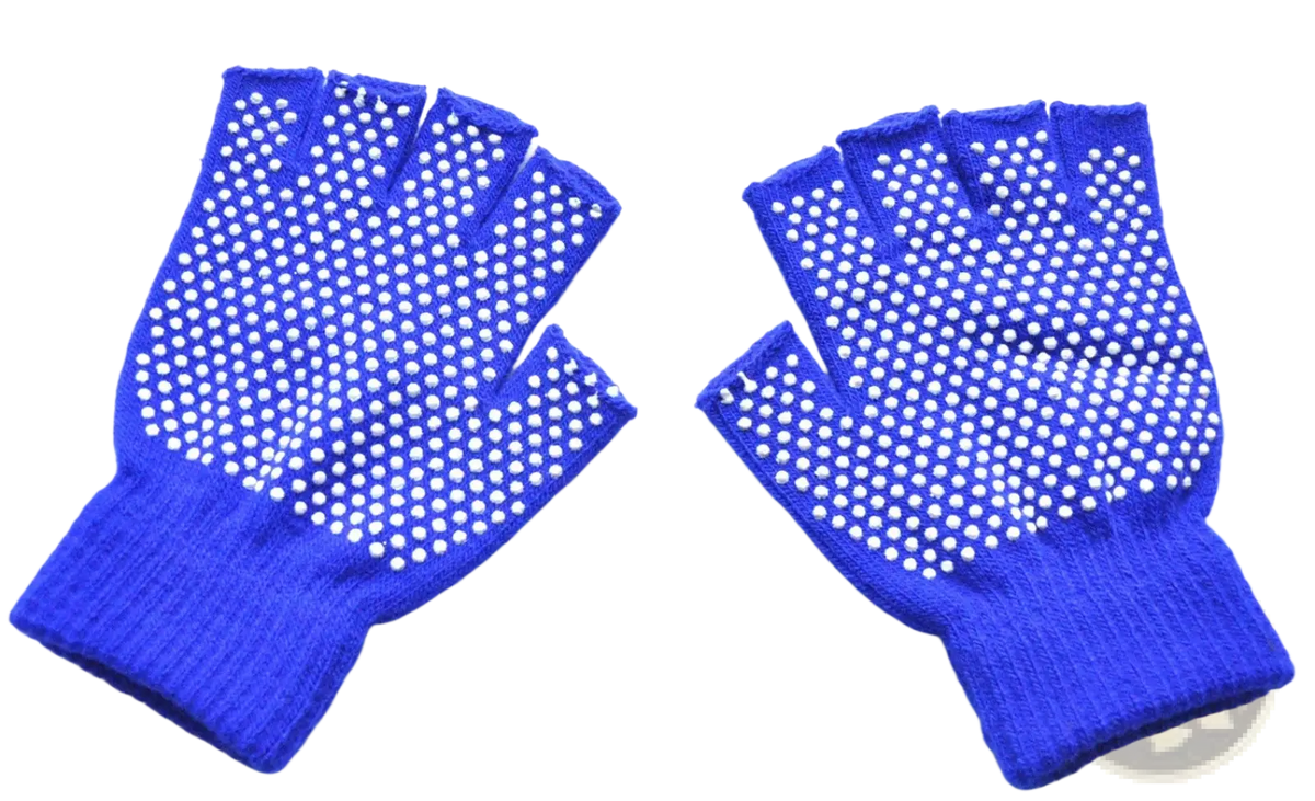 Bright blue fingerless non-slip yoga gloves for women with white grip dots on palms for fitness and weightlifting
