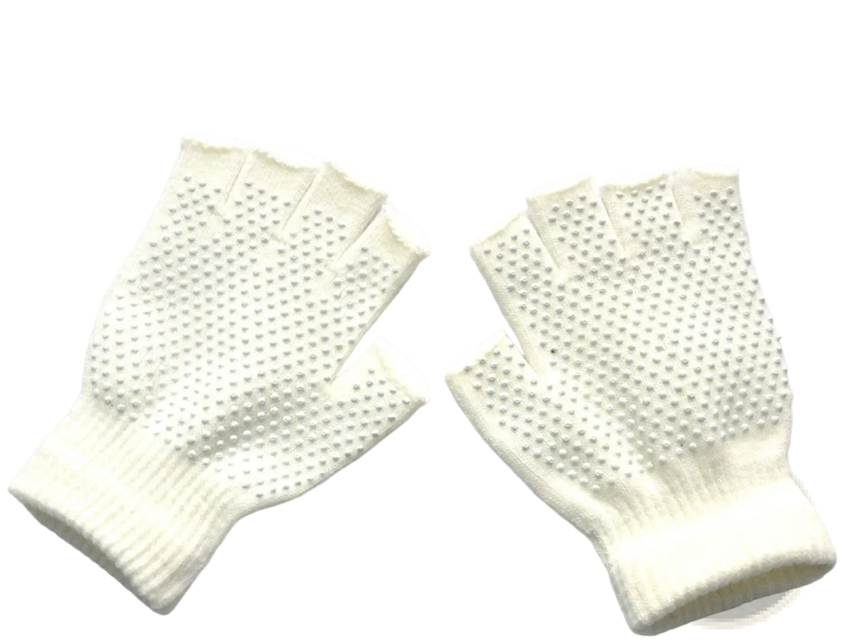 Cream-colored fingerless non-slip yoga gloves for women with textured dotted grip on palms for fitness and weightlifting