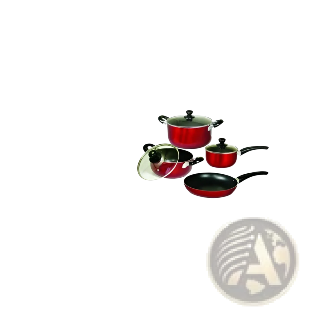 Red non-stick 7 piece aluminum cookware set with black handles and tempered glass lids for versatile cooking