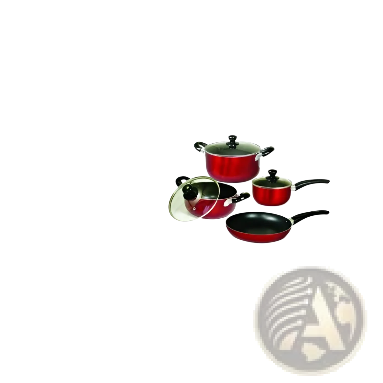 Red non-stick 7 piece aluminum cookware set with black handles and tempered glass lids for versatile cooking