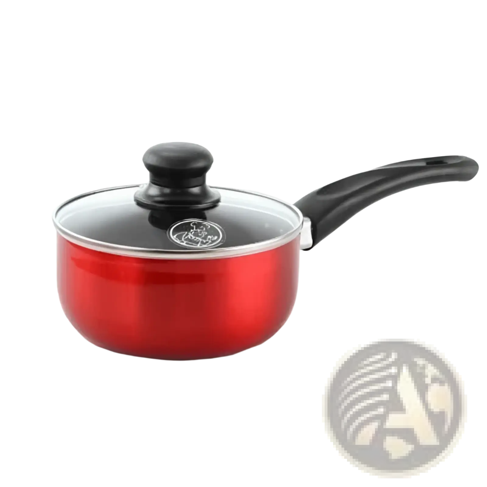 Red non-stick aluminum saucepan with black handle and glass lid from non-stick cookware set 7 piece red aluminum
