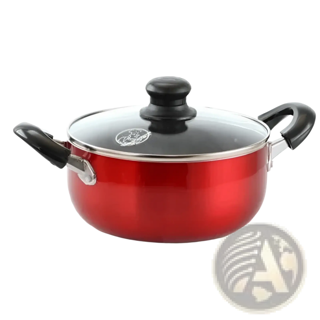 Red aluminum non-stick cookware 7 piece set red metallic pot with black handles and clear glass lid with black knob