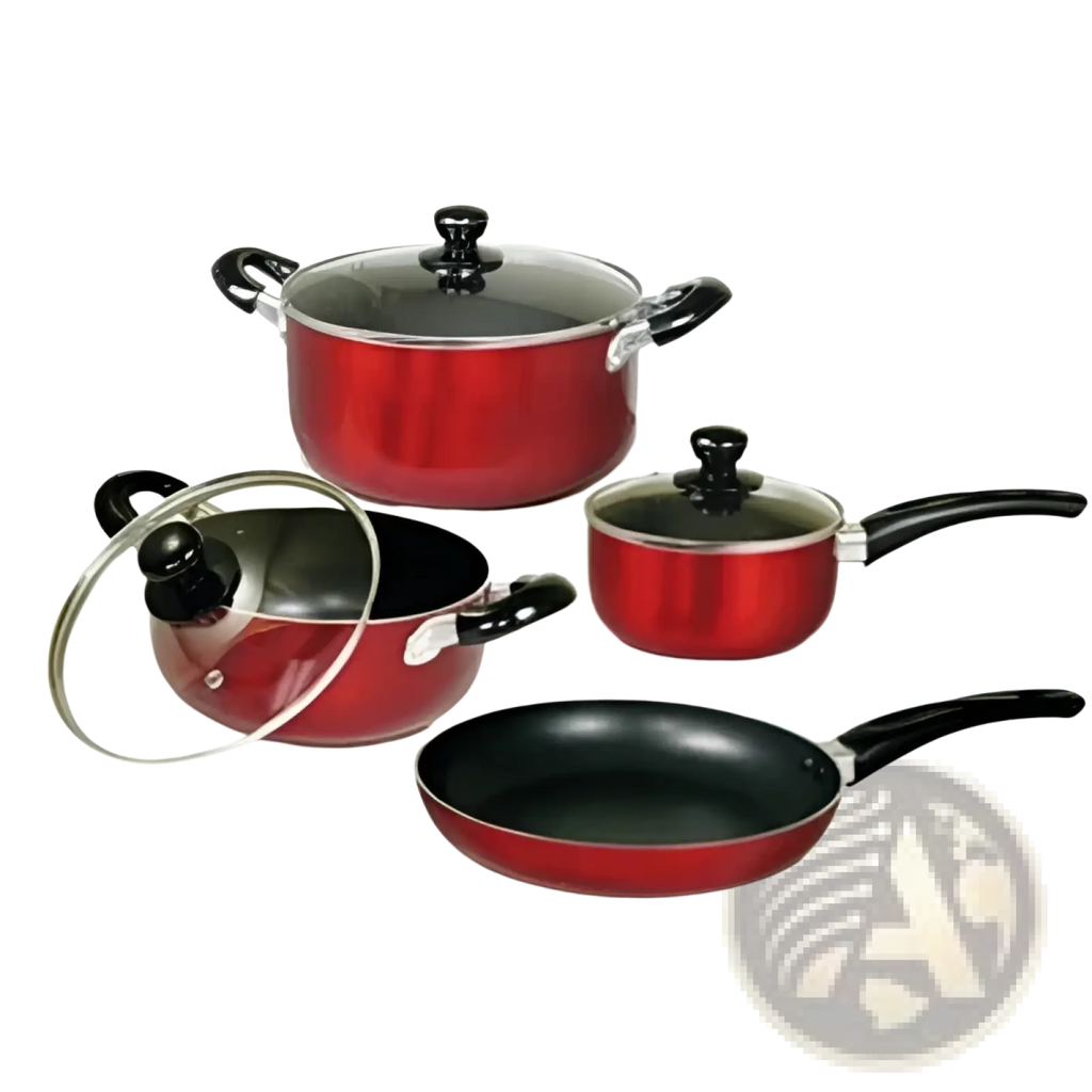 Red non-stick cookware set 7 piece aluminum with black handles and glass lids for versatile cooking