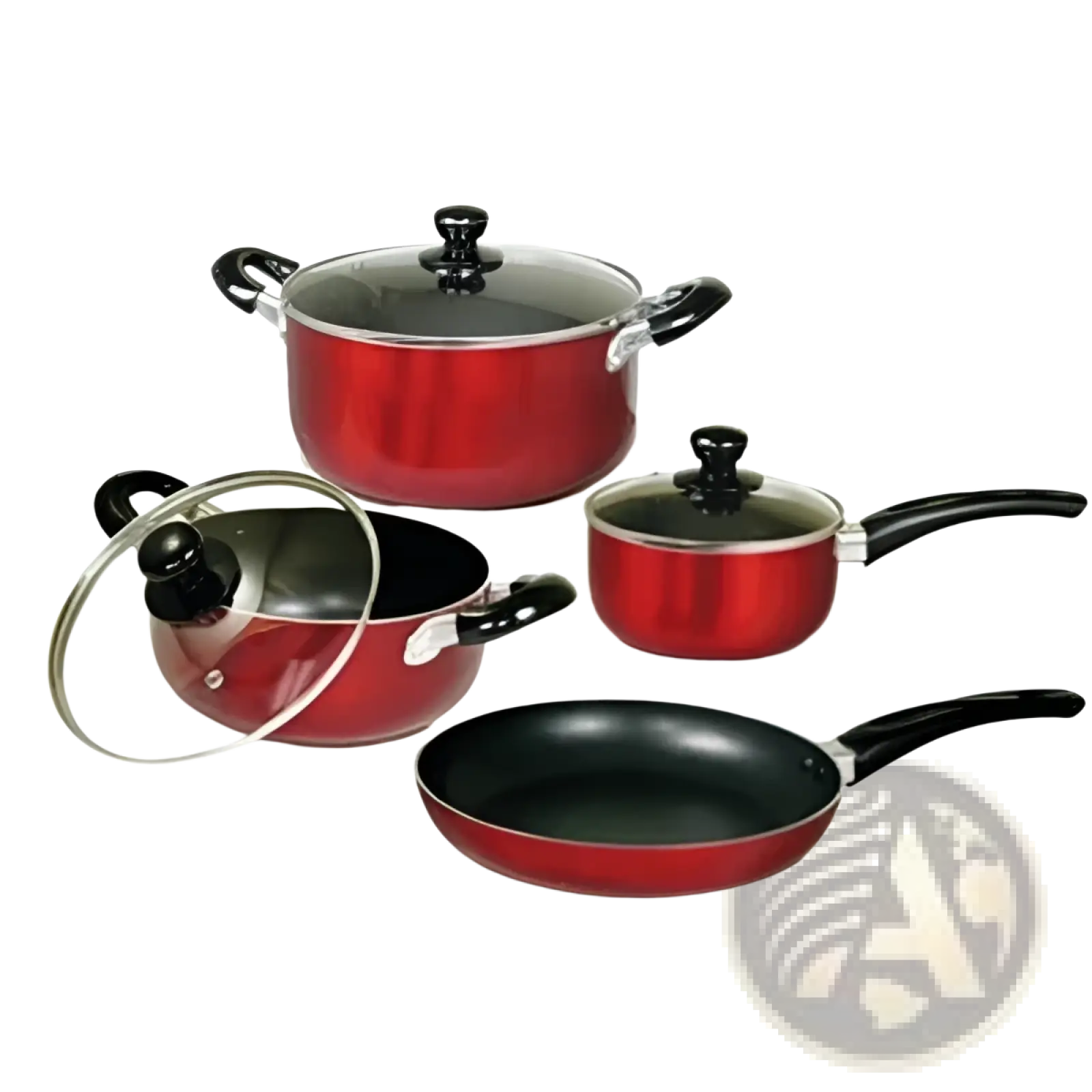 Red non-stick cookware set 7 piece aluminum with black handles and glass lids for versatile cooking