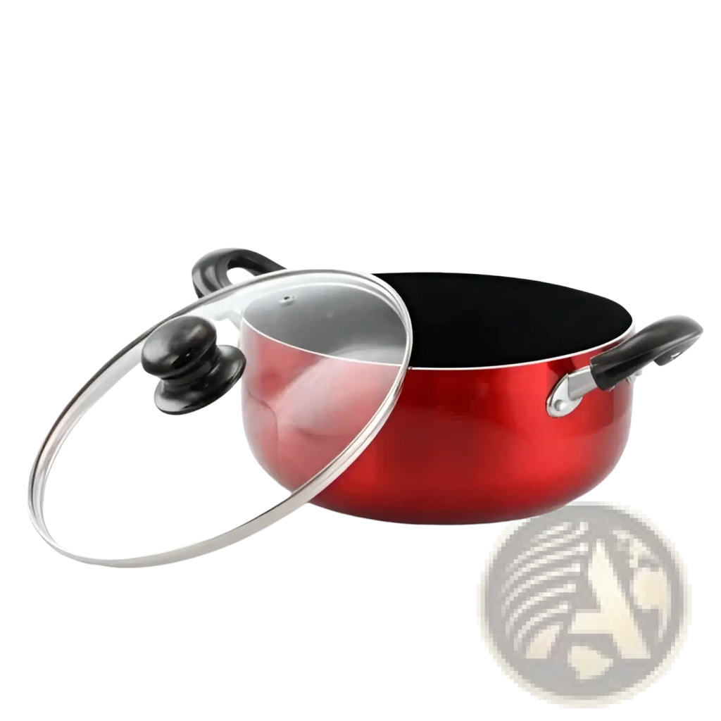 Red non-stick aluminum pot with black handles and clear glass lid from the non-stick cookware set 7 piece red aluminum