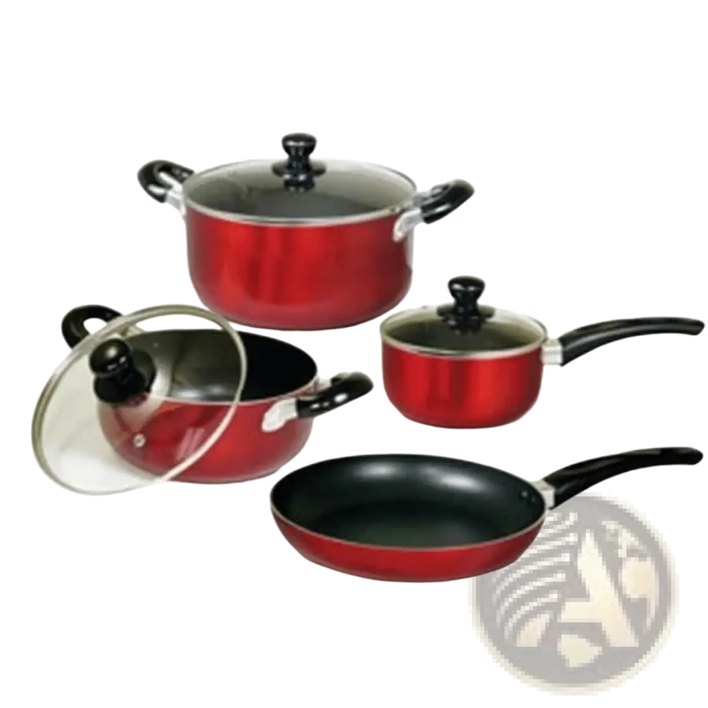 Red non-stick 7 piece cookware set made of aluminum with black handles and glass lids for versatile cooking