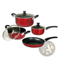 Red non-stick 7 piece cookware set made of aluminum with black handles and glass lids for versatile cooking