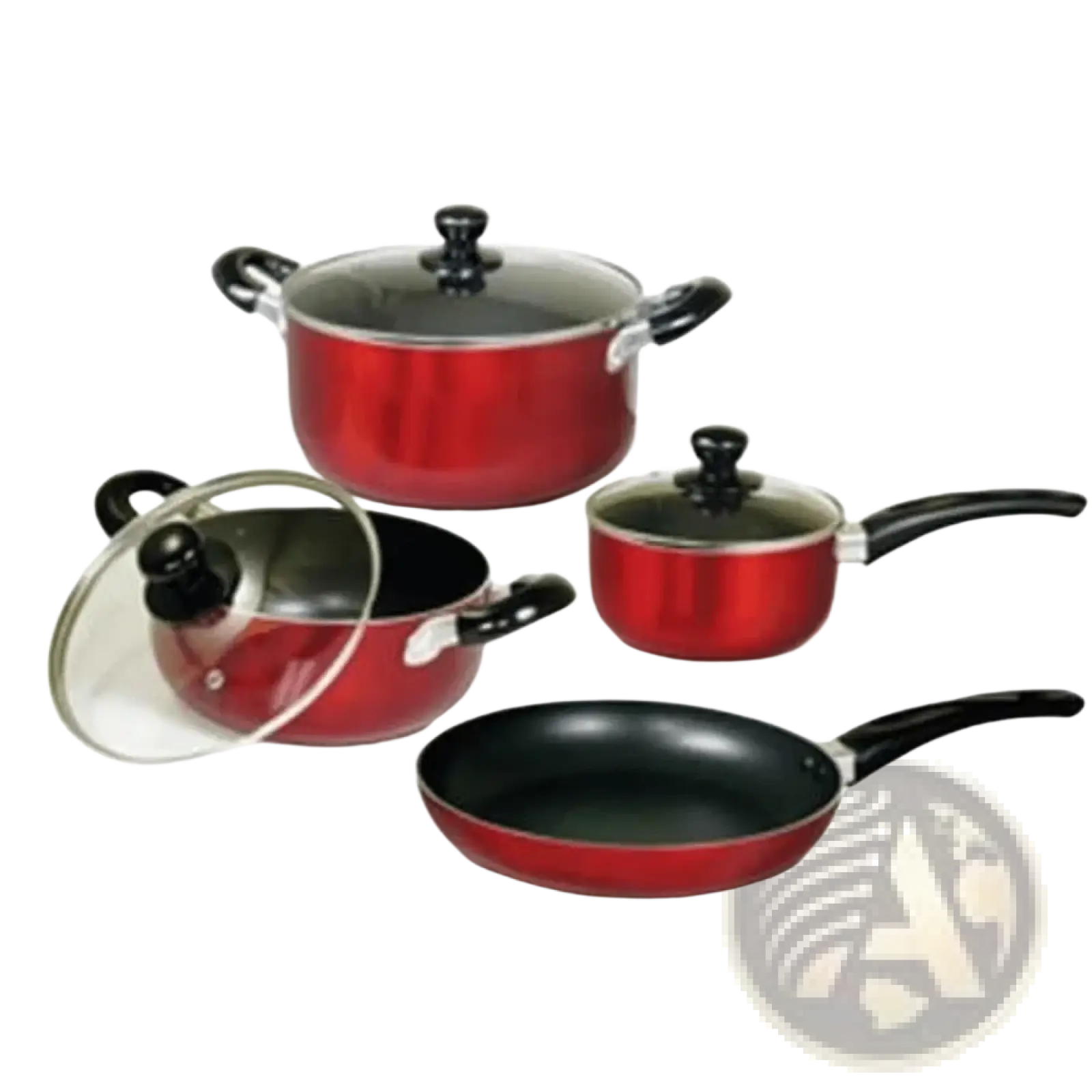 Red non-stick 7 piece cookware set made of aluminum with black handles and glass lids for versatile cooking