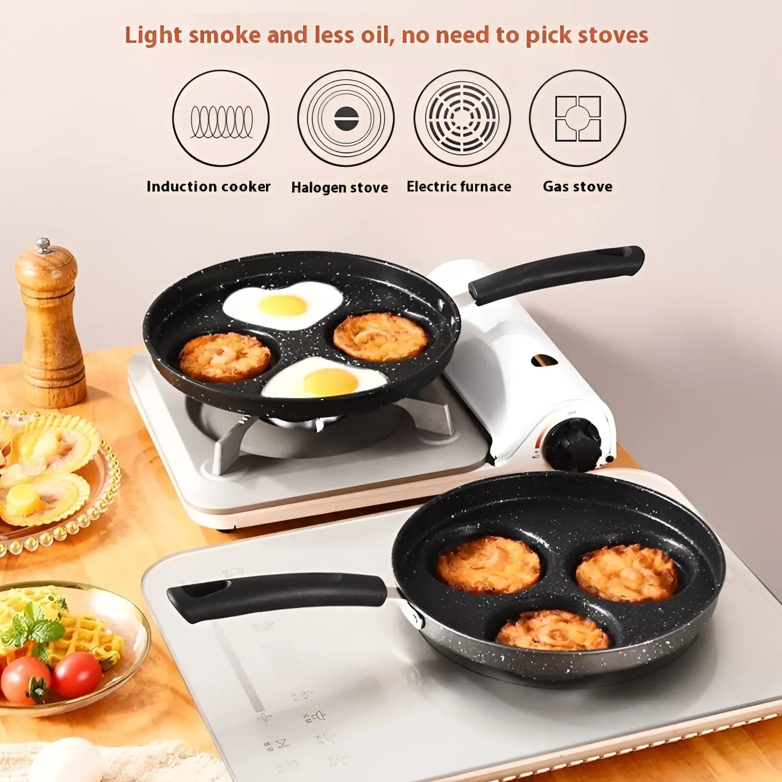 Black speckled non-stick heart pancake pan 25cm with medical stone coating and three circular egg cooking indentations