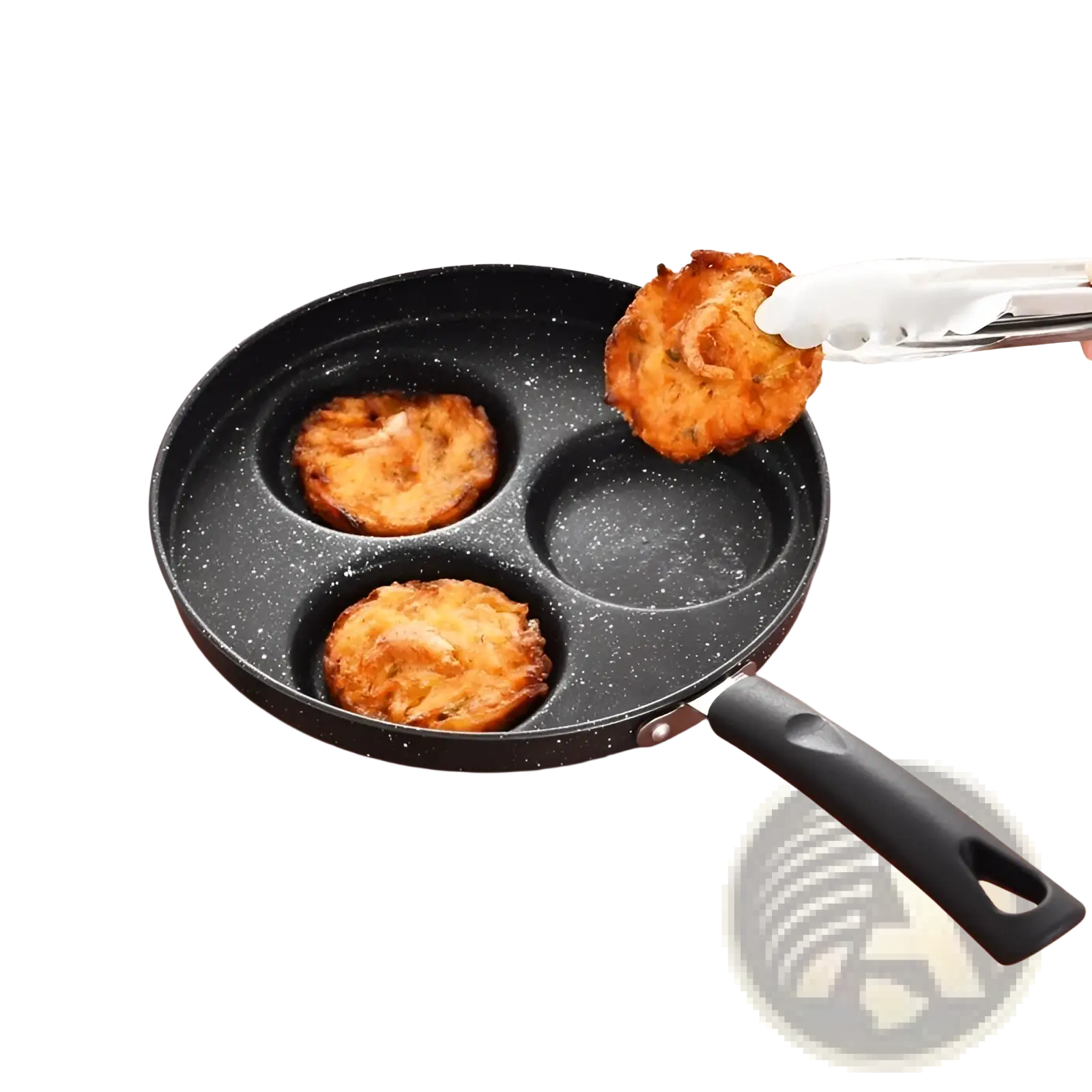 Black speckled non-stick 25cm heart-shaped pancake pan with three portions and black handle made of medical stone
