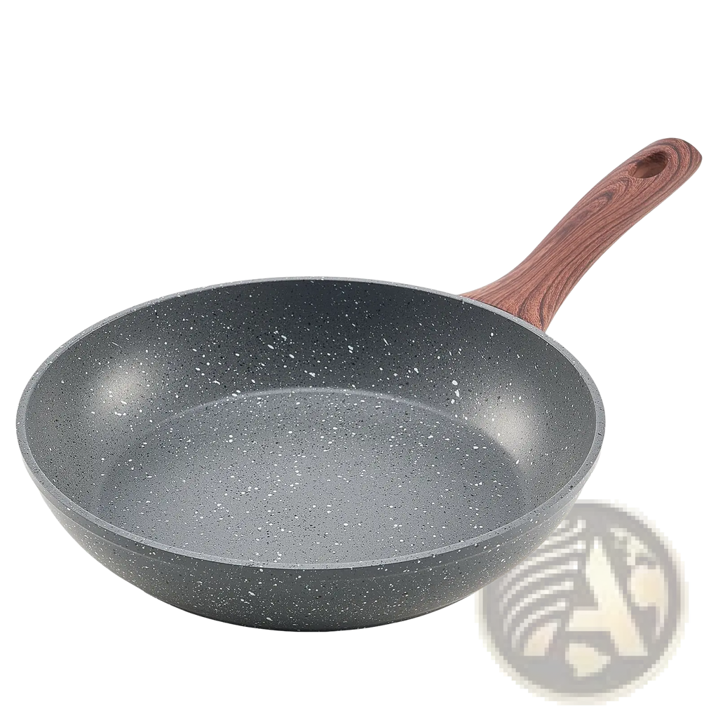 Gray speckled nonstick aluminum frying pan with wooden handle from a 3 piece cookware set for versatile cooking