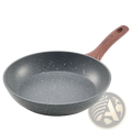 Gray speckled nonstick aluminum frying pan with wooden handle from a 3 piece cookware set for versatile cooking
