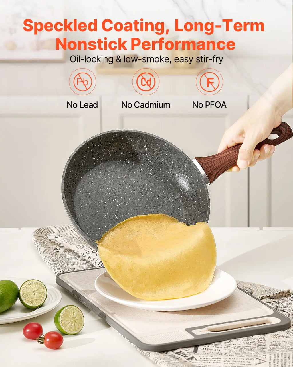 Black speckled nonstick aluminum frying pan with wooden handle from a 3 piece cookware set for versatile cooking