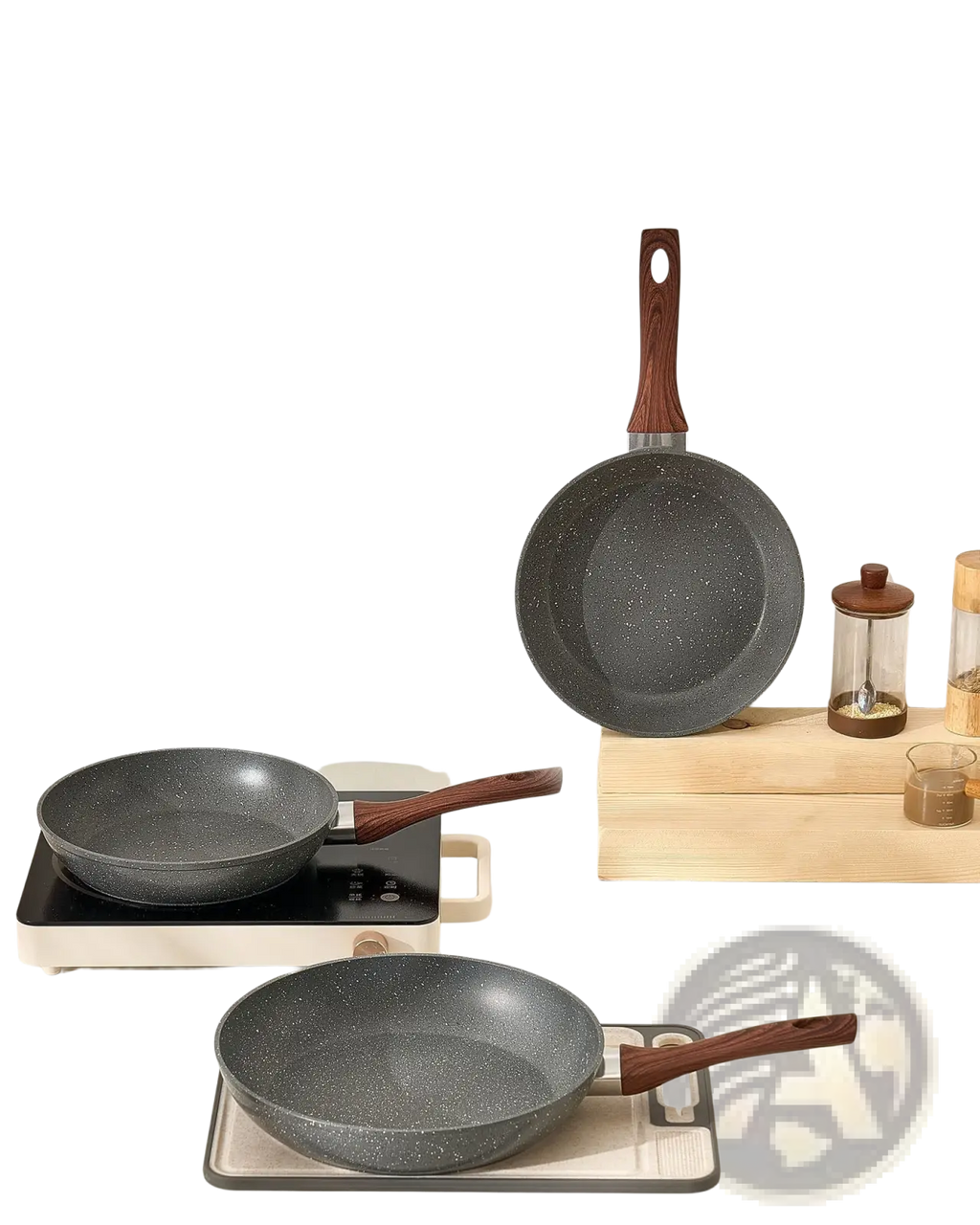 Set of three nonstick aluminum frying pans with speckled gray surfaces and dark wooden handles cookware set