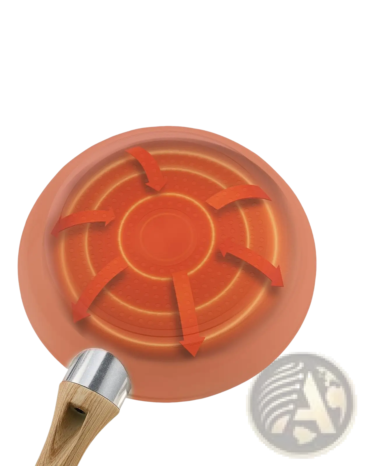Terracotta nonstick ceramic frying pan with wooden handle and stainless steel knob showing heat distribution diagram on base