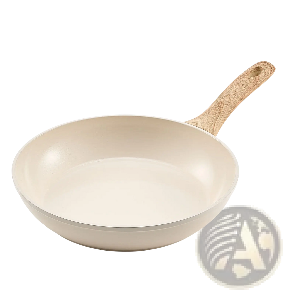 Cream-colored nonstick ceramic frying pan with wooden handle from 3 piece beige frying pan set