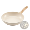 Cream-colored nonstick ceramic frying pan with wooden handle from 3 piece beige frying pan set