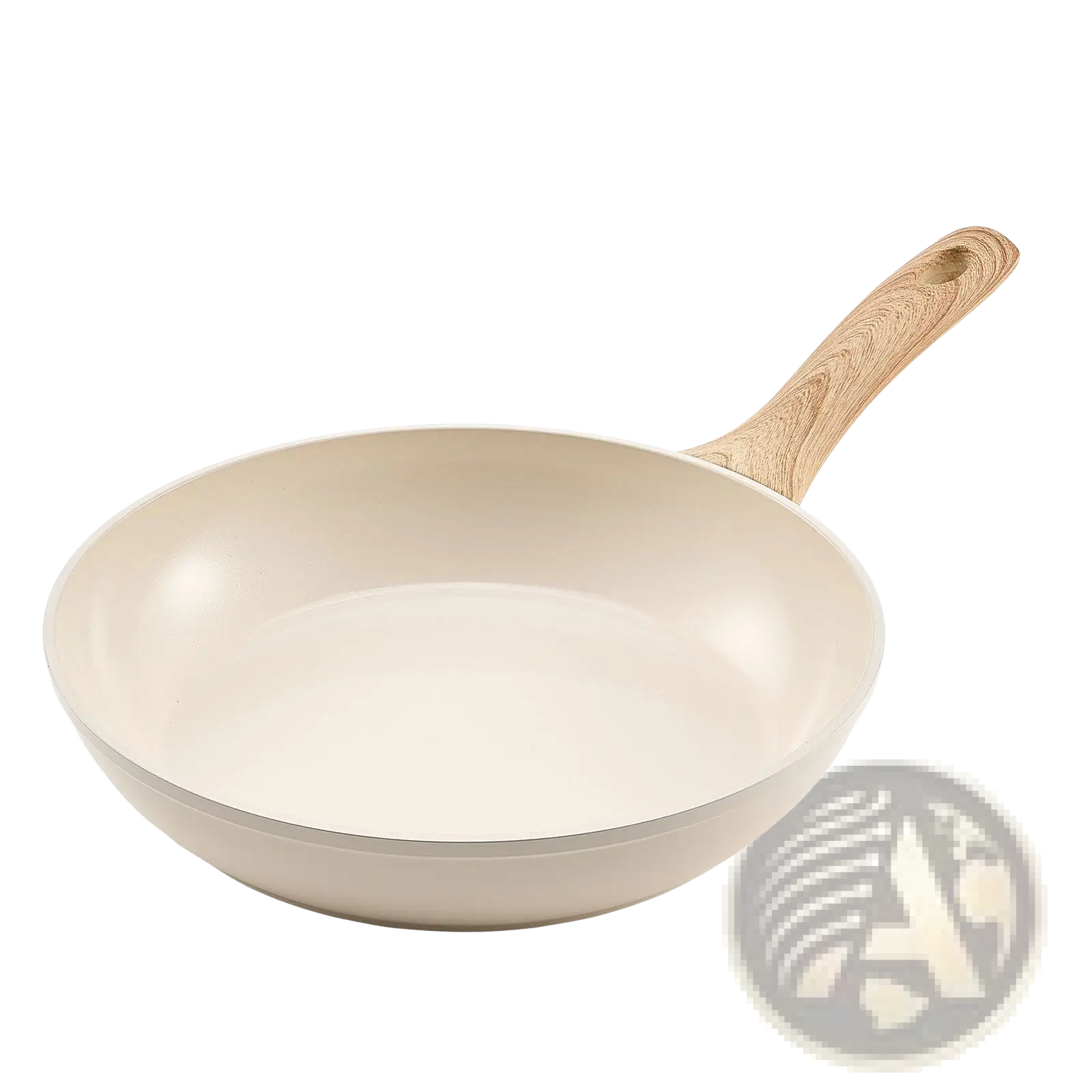 Cream-colored nonstick ceramic frying pan with wooden handle from 3 piece beige frying pan set