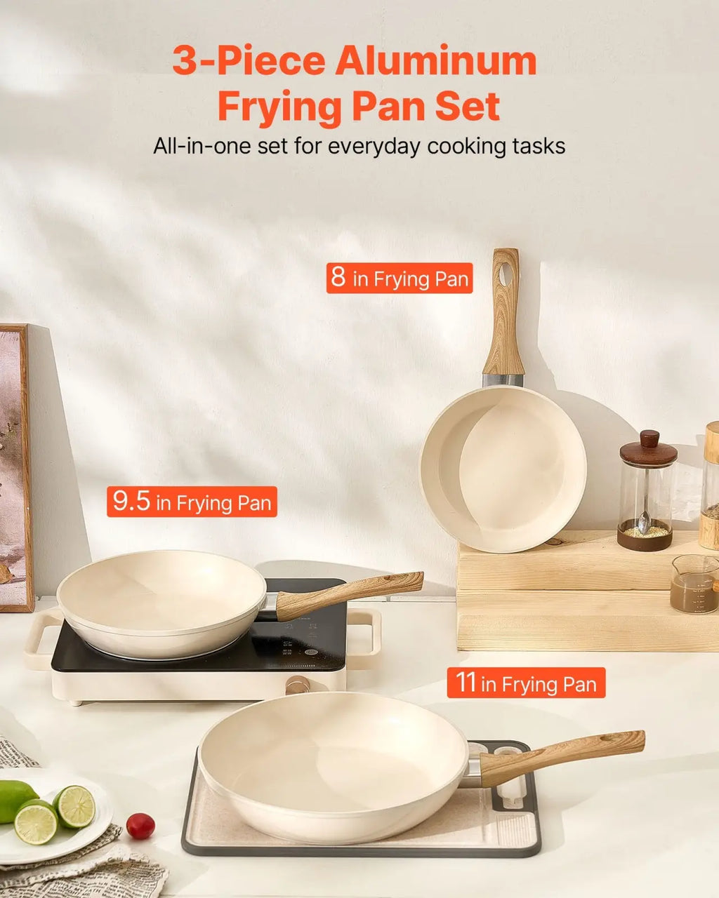 Cream-colored aluminum nonstick ceramic frying pan set with wooden handles 3 piece for everyday cooking