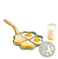 Light green speckled nonstick four hole egg frying pan with wood handle for cooking eggs and toast separately