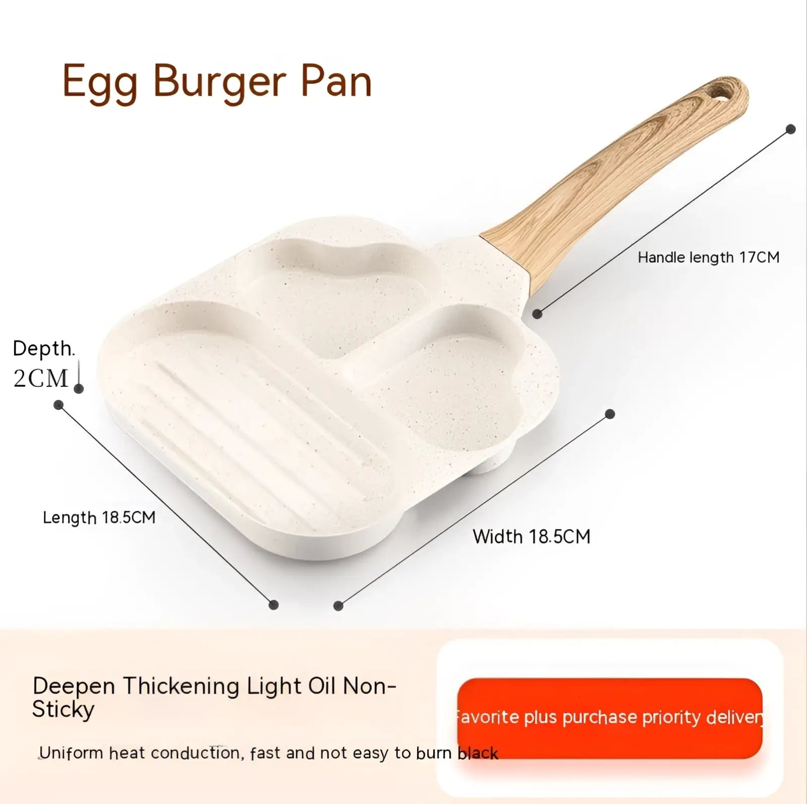Cream-colored speckled nonstick four hole egg frying pan with wood handle and three cooking sections