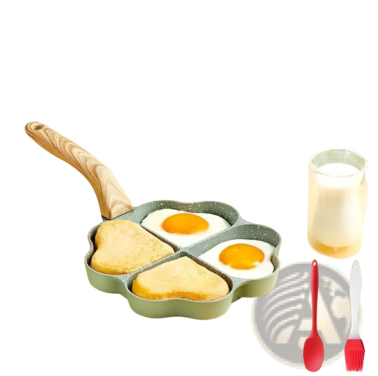 A light green speckled nonstick four hole egg frying pan with a wooden handle for easy cooking